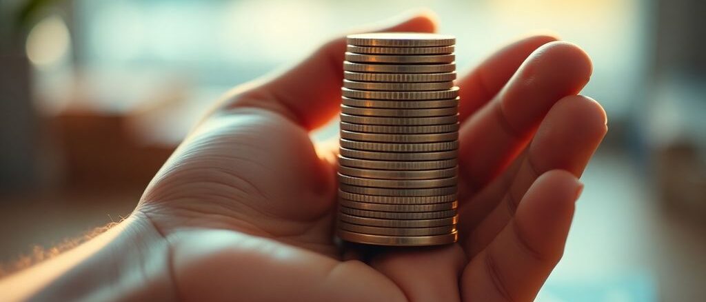 Hand holding coins, financial growth concept.