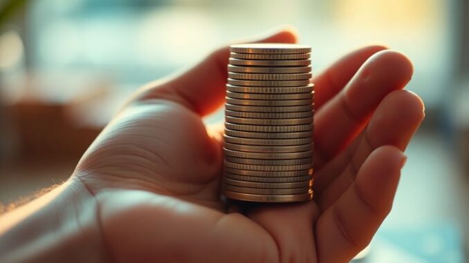 1069095ethumbnail Hand holding coins, financial growth concept.