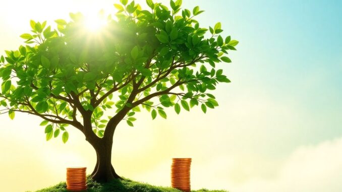 Money growing on a tree with a subtle background suggesting future growth.
