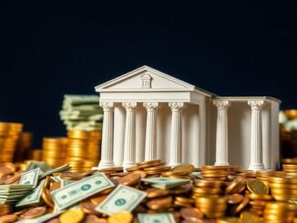 Stack of cash and coins with a bank building.