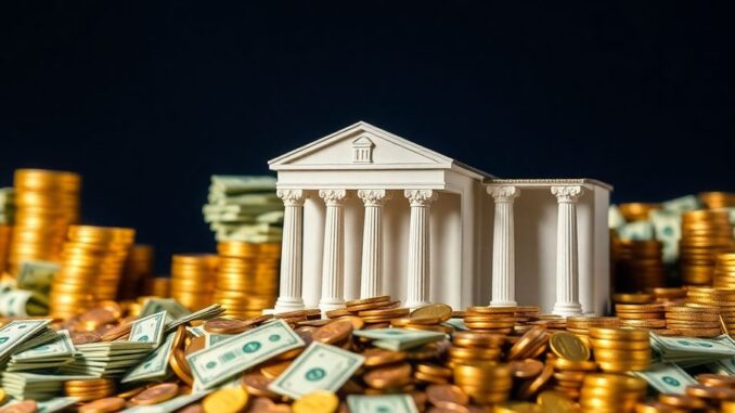 205dbab6thumbnail Stack of cash and coins with a bank building.