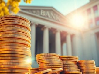 Stack of coins with a bank building.
