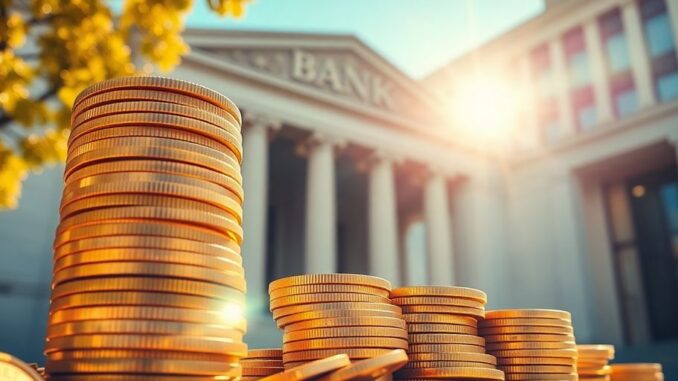 Stack of coins with a bank building.