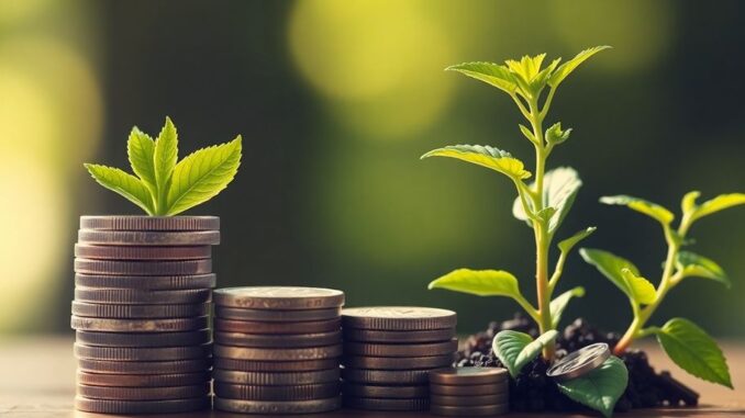 Money growing from coins into a plant.