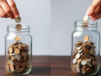 A couple happily managing money together.