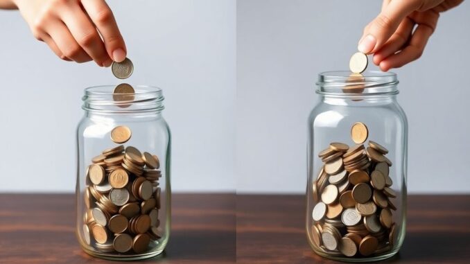 A couple happily managing money together.