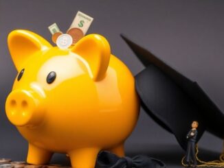 A piggy bank overflowing with coins and dollar bills.