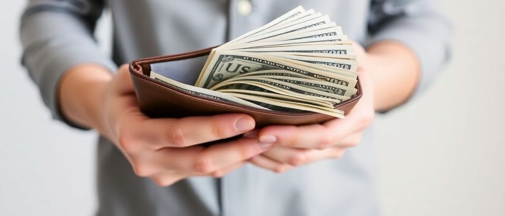 Person looking at a wallet filled with cash.