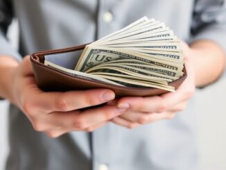 Person looking at a wallet filled with cash.