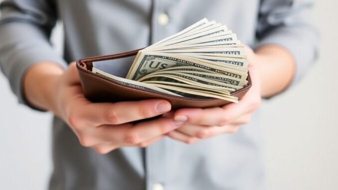 Person looking at a wallet filled with cash.
