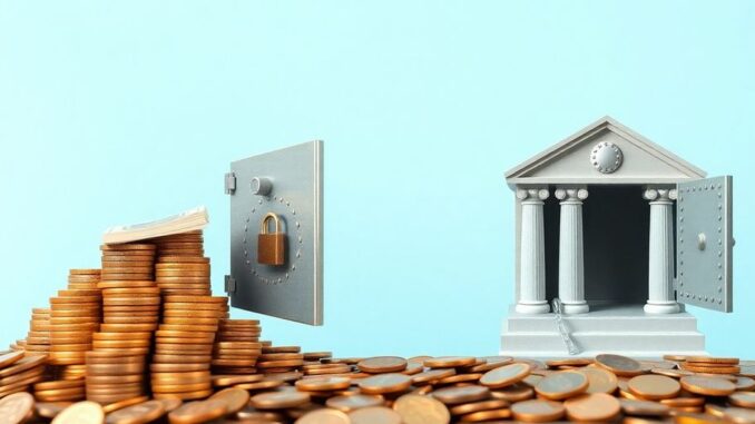 Money growing in a bank versus a stack of coins.