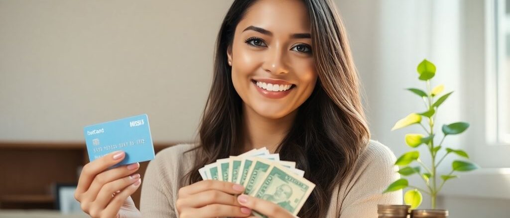 Woman with bank card and cash, symbolizing financial growth.