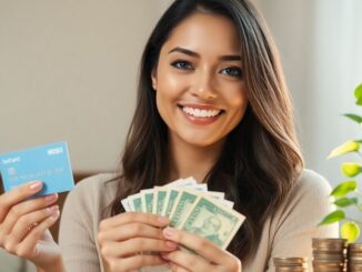 Woman with bank card and cash, symbolizing financial growth.