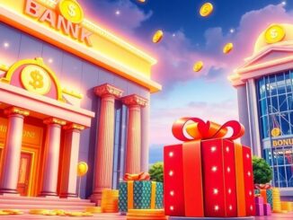 Bank buildings with glowing bonus symbols and gift icons.