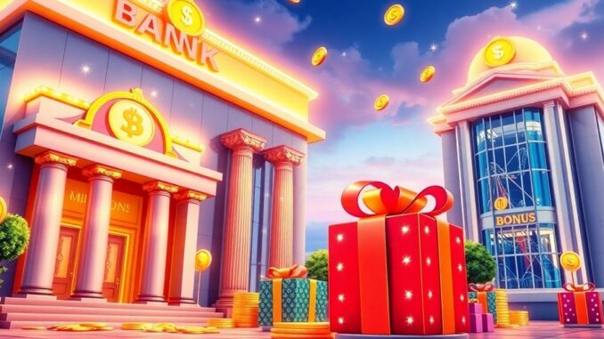 43447da6thumbnail Bank buildings with glowing bonus symbols and gift icons.
