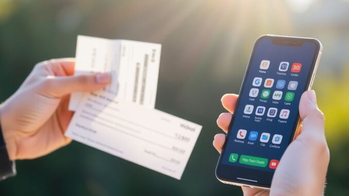 Person holding a check and a smartphone.
