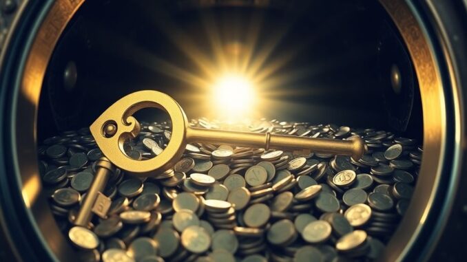 5ce66211thumbnail Golden key unlocking treasure chest brimming with coins.