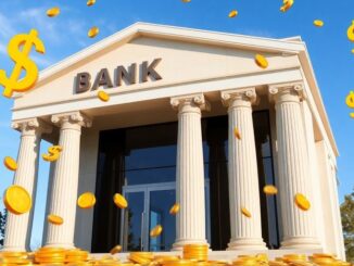 Bank building with dollar signs and coins.