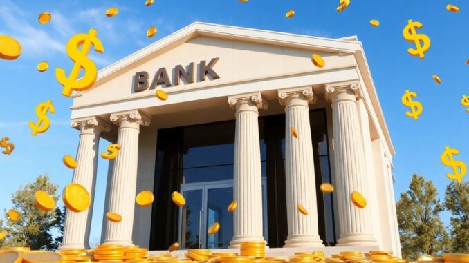 5d68fc25thumbnail Bank building with dollar signs and coins.