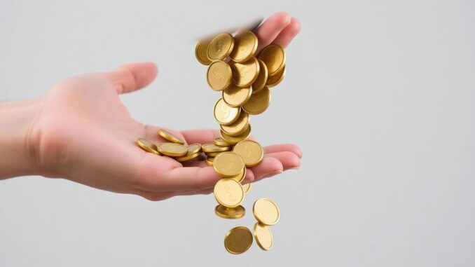 Person reaching for falling golden coins.