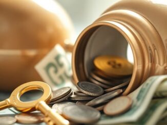 Open bank account with money and lock icon.