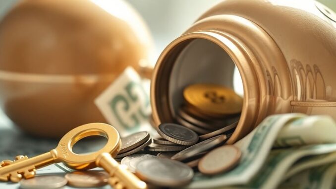 Open bank account with money and lock icon.