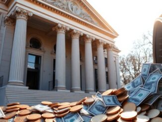 Stack of cash with bank building.