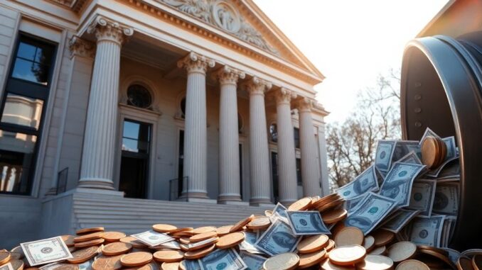 69f1f9b8thumbnail Stack of cash with bank building.