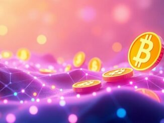 Digital coins and tokens floating around a stylized bank.