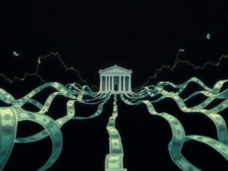 Money flowing towards a stylized Federal Reserve building.
