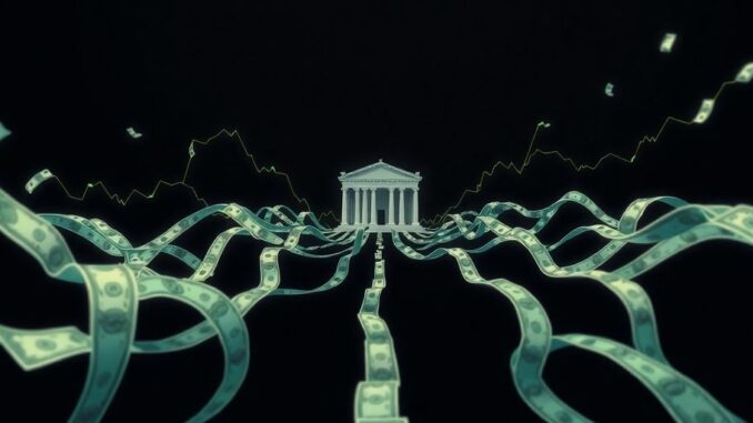 Money flowing towards a stylized Federal Reserve building.