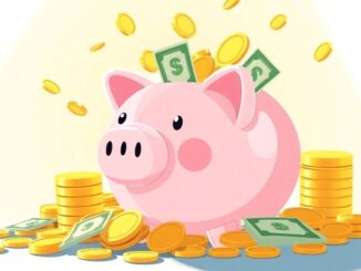 Piggy bank overflowing with coins and bills.