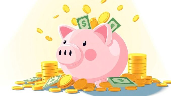 Piggy bank overflowing with coins and bills.