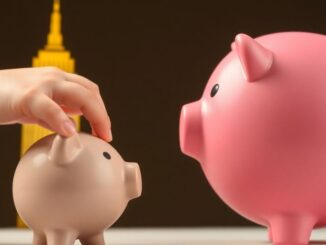 Baby reaching for a piggy bank with Trump Tower background.