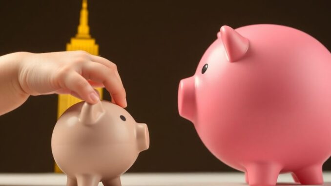 Baby reaching for a piggy bank with Trump Tower background.