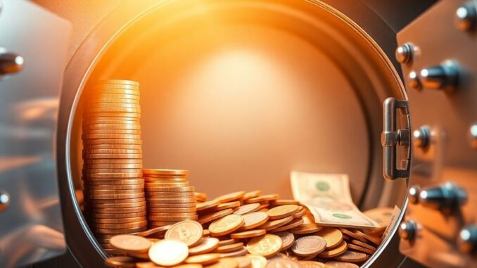Money flowing into a secure vault.