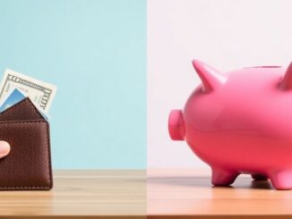 Couple looking at separate wallets and a shared piggy bank.