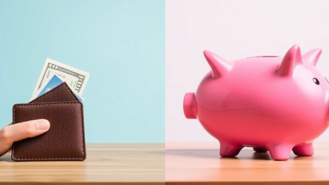 Couple looking at separate wallets and a shared piggy bank.
