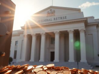 Federal Reserve building with a backdrop of coins and savings.