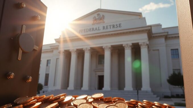Federal Reserve building with a backdrop of coins and savings.