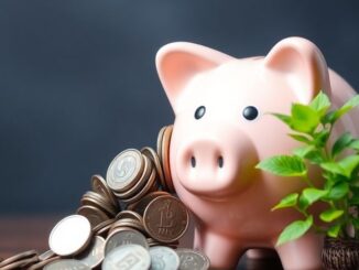 Piggy bank with coins and a plant.