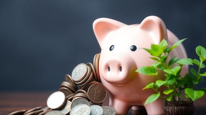 Piggy bank with coins and a plant.