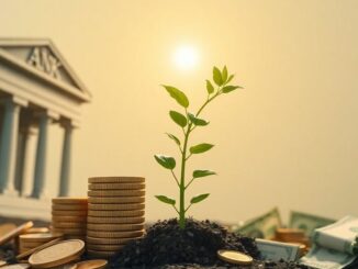 Money flowing from large buildings to a sprouting plant.