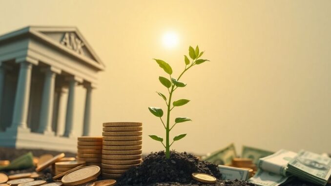 Money flowing from large buildings to a sprouting plant.