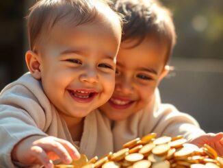 Baby reaching for a growing pile of coins.