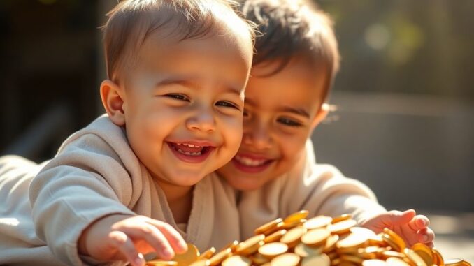 Baby reaching for a growing pile of coins.