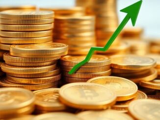 Golden coins stacking with a green upward trend.