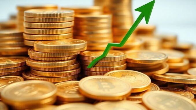 Golden coins stacking with a green upward trend.