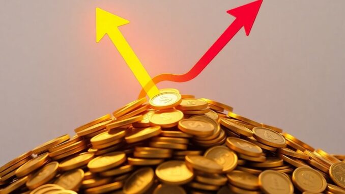 Stack of coins with a rising arrow.