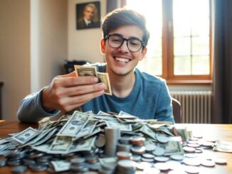 College student celebrating with a stack of money.